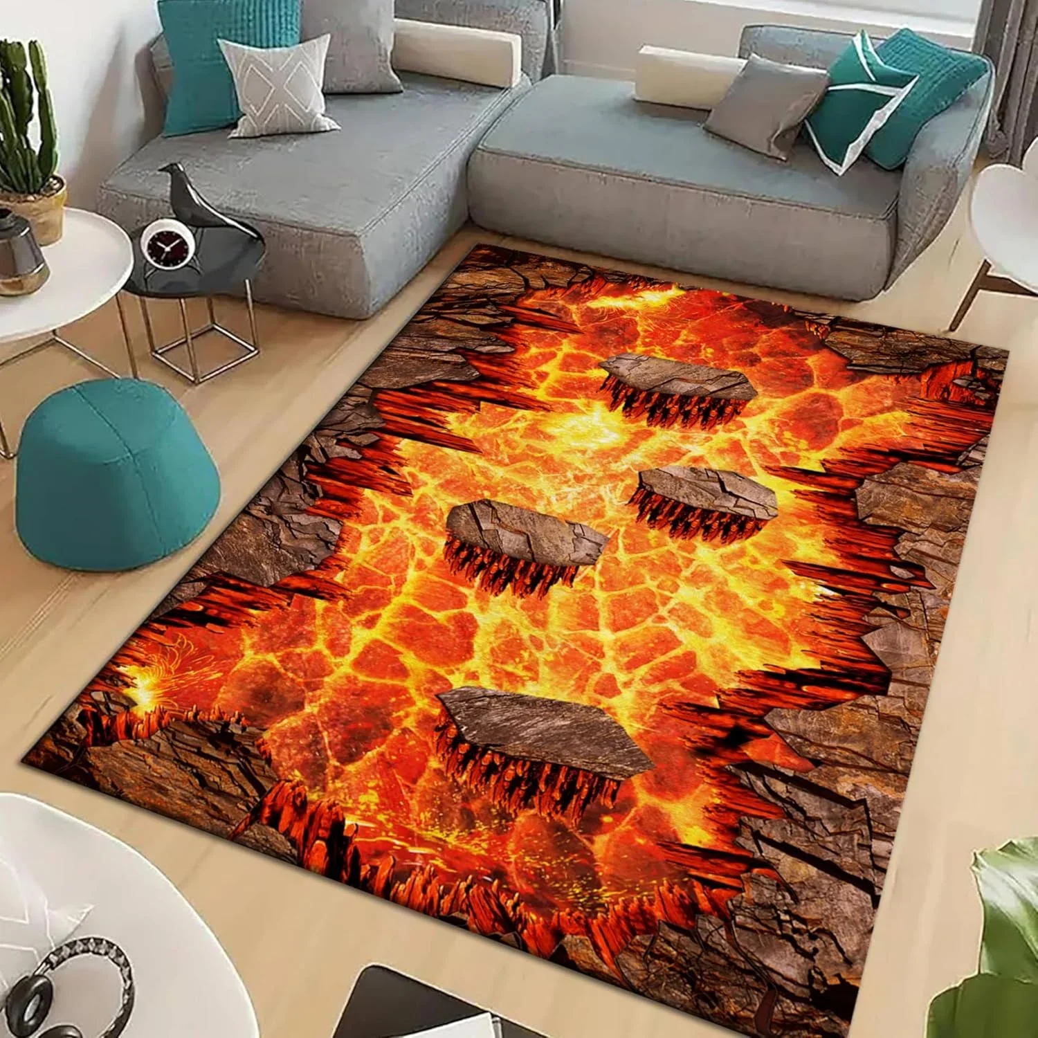 Lava Area Rugs 3D Visual Illusion Flame Living Room Non-Slip Floor Mat Lava Crackle Rug, Washable Non Slip rug for Kids Rooms