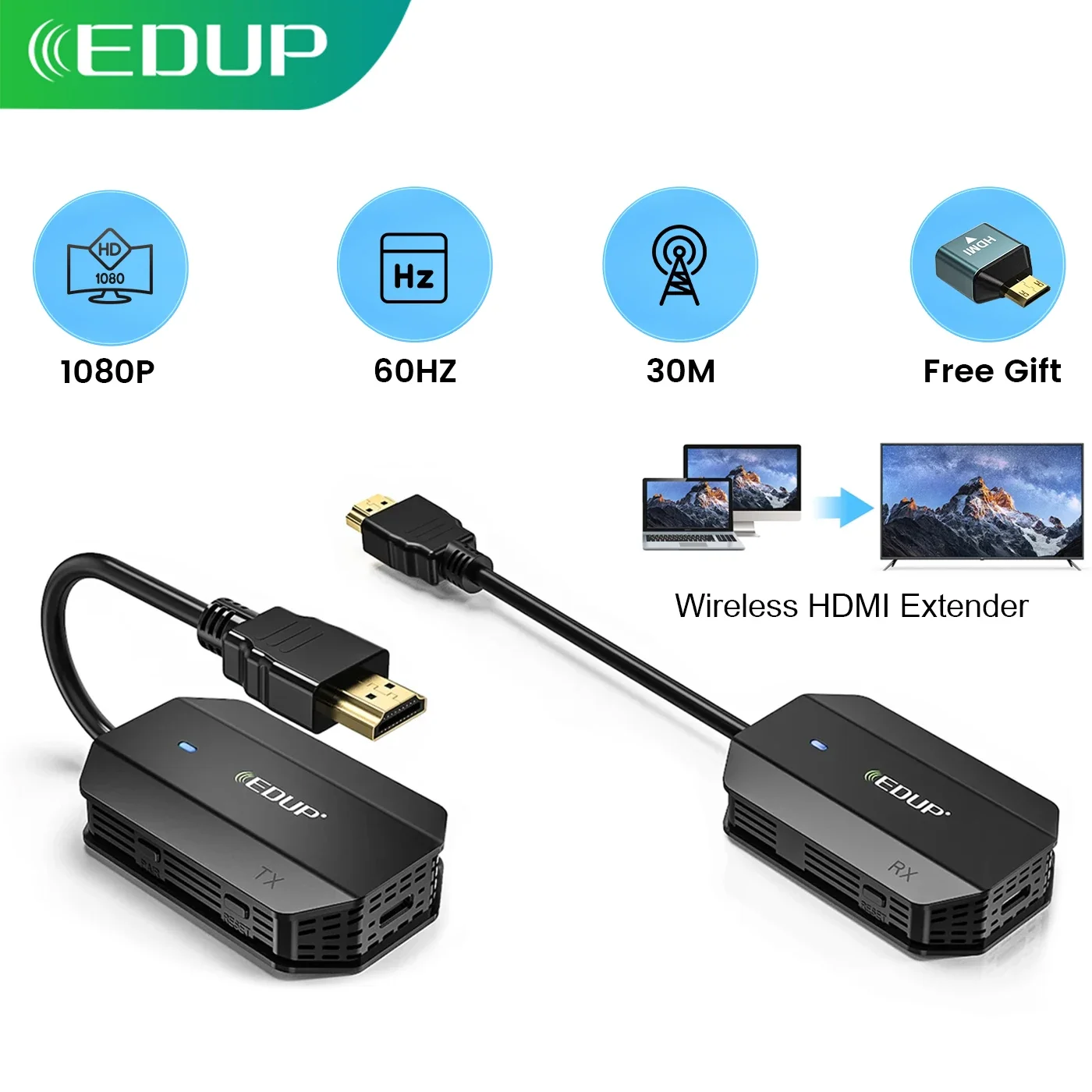 EDUP-transmisor y receptor HDMI inalámbrico, 1080P, pantalla de 60HZ, Dongle, extensor, pantalla 4K, adaptador AV para portátil, TV, proyector,