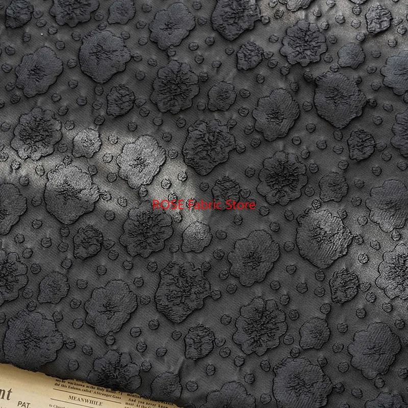 

1 Meter Pure Black Embossed Flower Jacquard Fabric Women's Dress Shoes Bags Making Fabrics