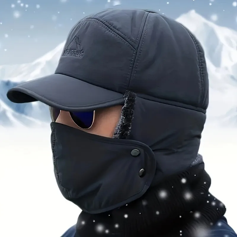 Windproof Ski Cap with Detachable Face Mask & Ear Flaps - Perfect for Winter Outdoor Activities, Black