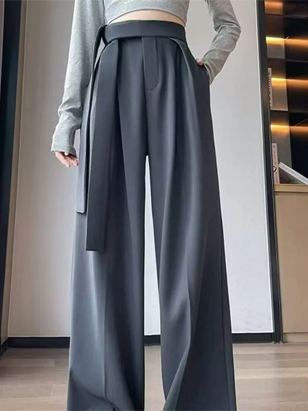 

Red New Chinese Style Loose Wide Leg Pants Women's Spring Summer Loose Slimming Belted Drapey Straight Cut Trousers