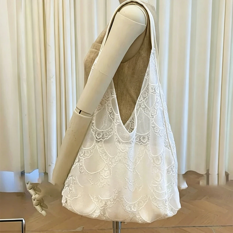 

Balletcore Pearl Mesh Lace Tote Bag, French Romantic Ribbon Bow Handbag,Large Capacity Casual Shoulder Purse Women Daily Commute