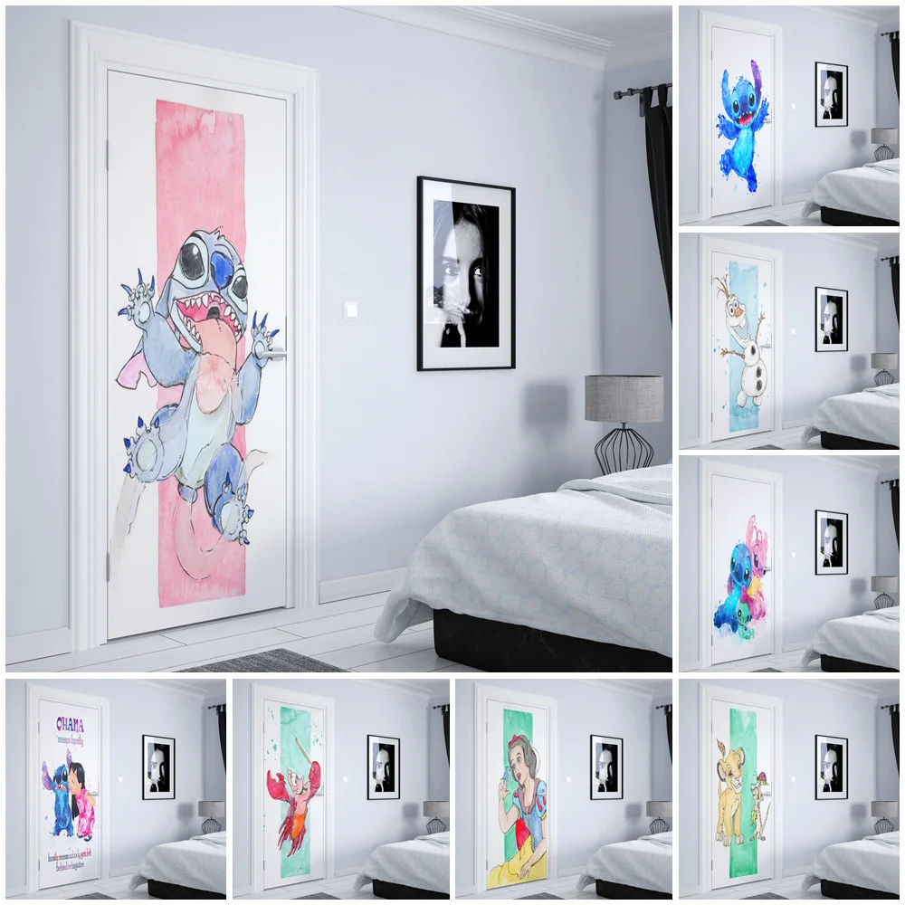 디즈니 수채화 릴로 & 스티치 스티치 냉동 라이온 킹 도어 스티커 북유럽 홈 키즈 룸 벽 스티커 도어 장식 HD