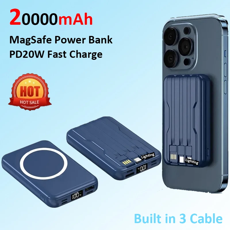 

Wireless Magnetic Power Bank 20000mAh Mini Portable Built-in 3 Cable Fast Charger For iPhone 15 14 Pro Portable External Battery