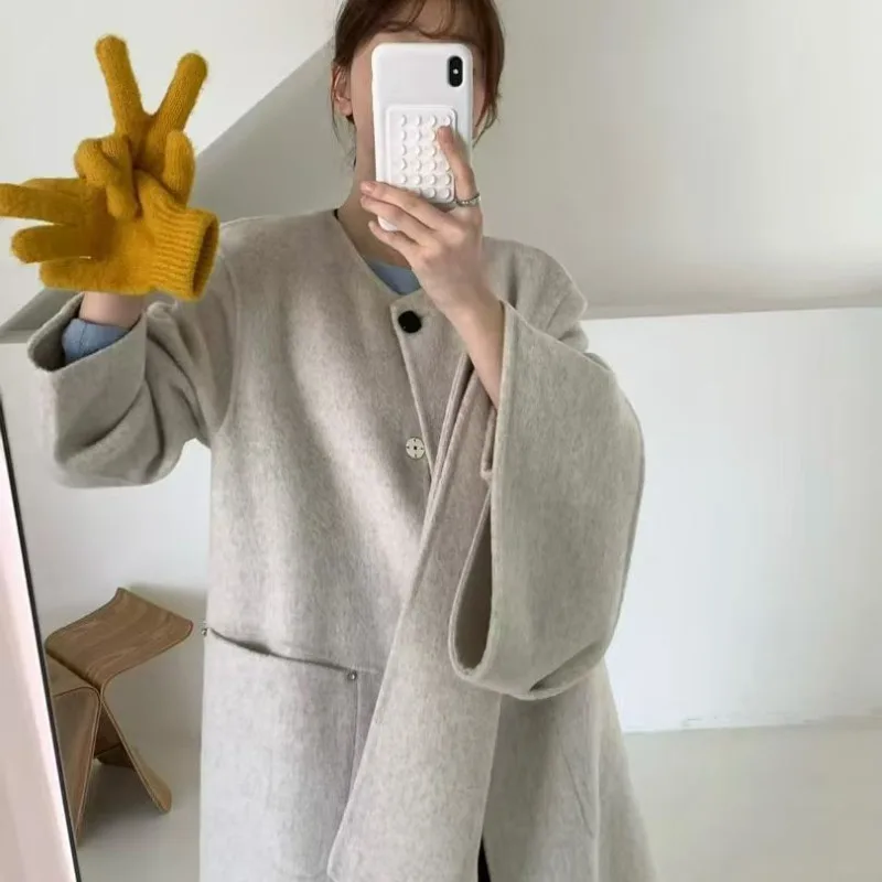 الخريف والشتاء منتج جديد مزاجه وشاح على الوجهين معطف الصوف المرأة فضفاضة موضة جولة الرقبة معطف طويل الصوف