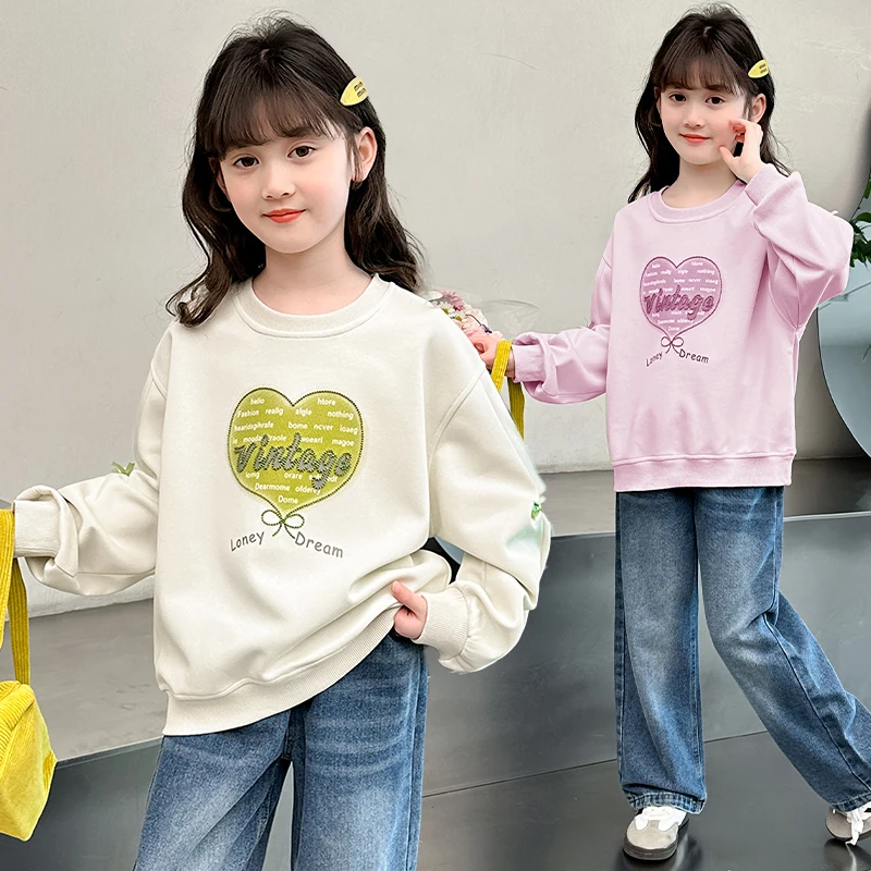 

New Autumn Children Heart Print Cotton Sweatshirt For Girls Classic O Neck Long Sleeve Pullover Tops Kids Casual Vintage Hoodie