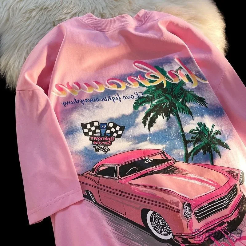 New Sweet Pink Car Print 90s Vintage Graphic T Shirts Hip Hop Women Girls Street Fashion Oversized T-shirt Summer Cotton Y2k Top