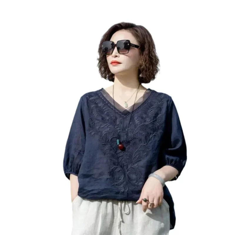 Summer New Literary Vintage Embroidery Cotton Linen Shirt Ladies Half Sleeve Loose Casual Fashion Blouse Women's Clothing Tops
