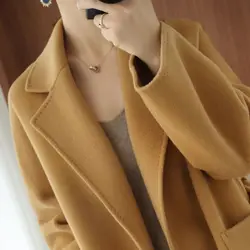 2024 New Premium Hepburn Style Overcoat Female Outerwear Elegant Woolen Solid Color Long Sleeve Trench Coat Warm Coats V12