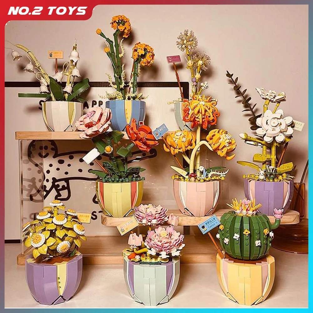 子供のためのミニ花のビルディングブロック,緑の植物の花束,家の装飾,女の子のおもちゃ,ギフト