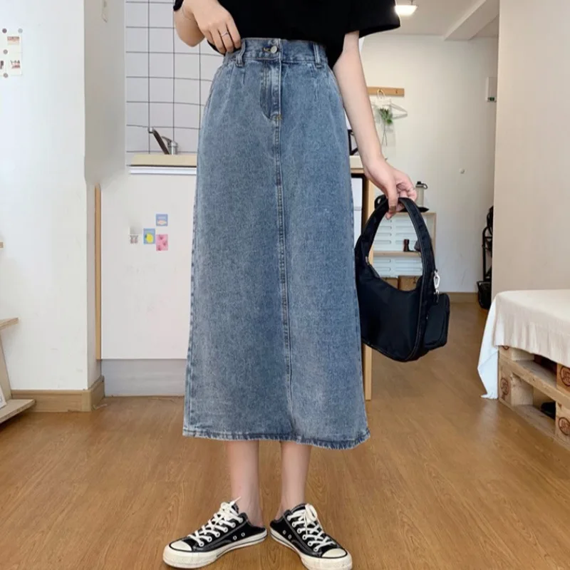 Summer New plus Size Denim A-Line  Skirt Women's Midi Length Elastic Waist Slimming Loose Split Skirt Korean Style Commute