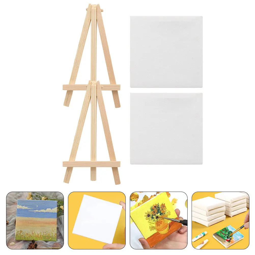 2Sets Mini Canvas Board Oil Painting Easel Stretched Canvas Panels Triangle Structure Stable Painting Frame DIY Art Supplies