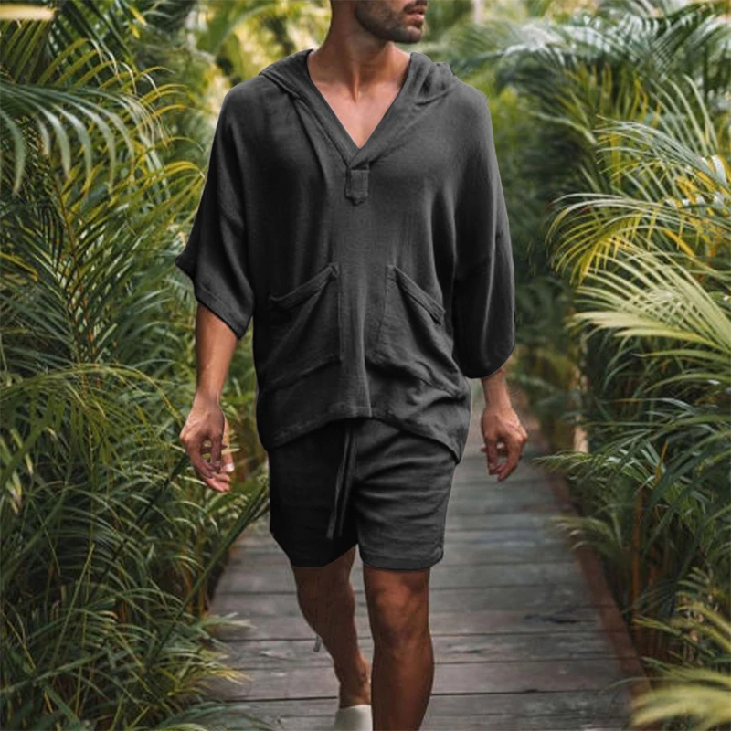 Conjunto de 2 unidades de camisa de lino y algodón para hombre, Tops informales holgados, pantalones cortos, traje, pijamas de manga corta,