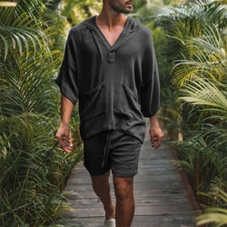 Pyjama d'été en coton et lin pour homme, chemise d'été décontractée, short en Y, manches courtes, confortable, respirant, short de plage, 2 pièces/ensemble