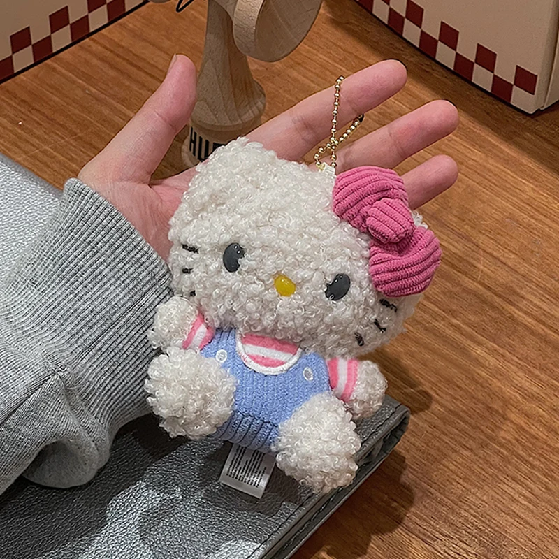 Saniro Hello Kitty Stuffed Plush Pendant Cartoon Kt Cat Curly Hair Plushies Doll Schoolbag Backpack Charm Keychain Girls Gifts