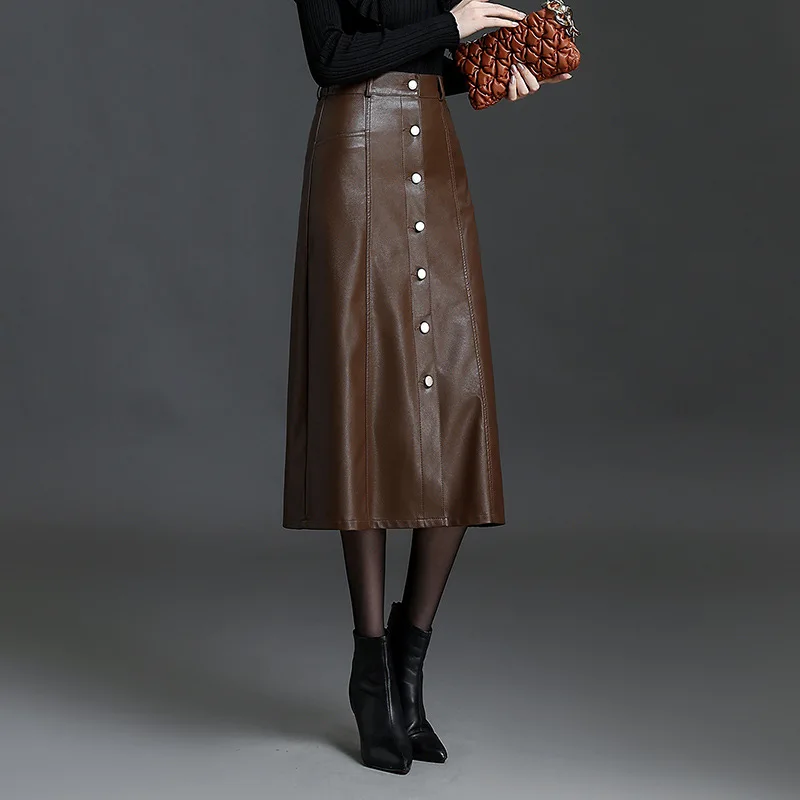 Women PU Leather Skirt Single Breasted High Waist Slim Fit Casual Elegant Office Lady Bodycon Long Skirts Autumn Winter 4XL 6860