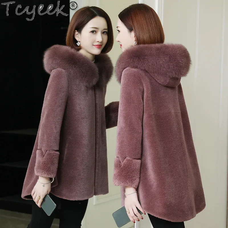 Tcyeek 100% Wool Jacket Grain Sheep Shearling Coats Winter Jackets for Women Warm Fox Fur Collar Mid-length Women's Fur Coat