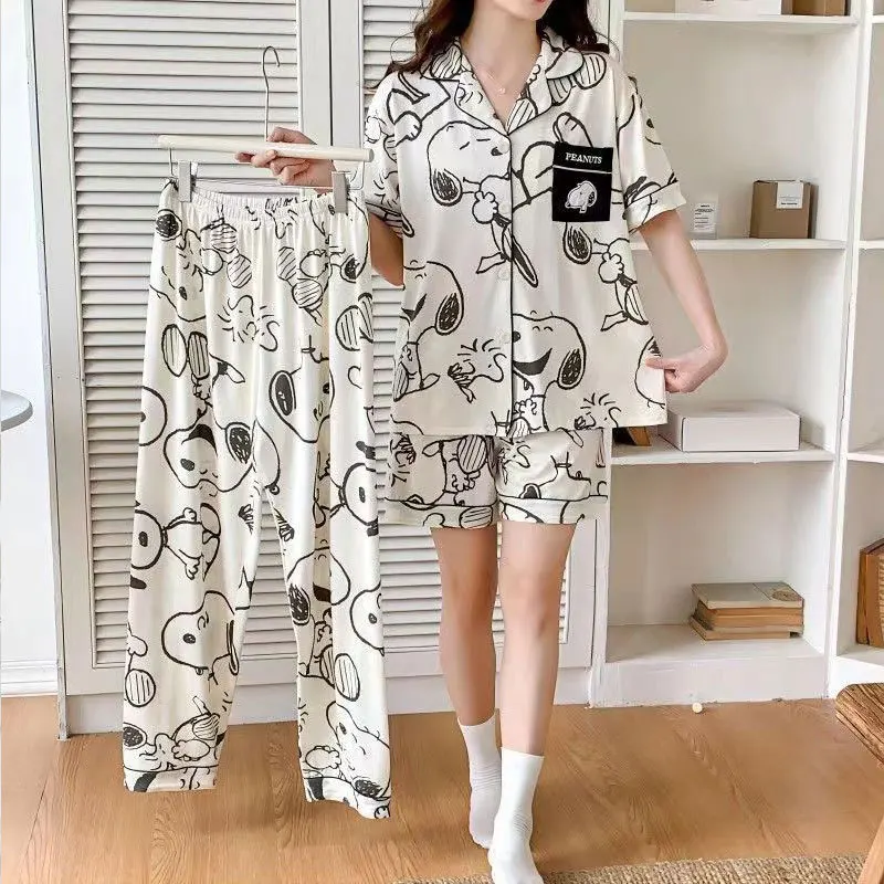 3Pcs Summer Kawaii Snoopy Couple Pajamas Set Cartoon Print Short Sleeved Pajamas Women 2026 New Fashion Casual Cute Home Wear