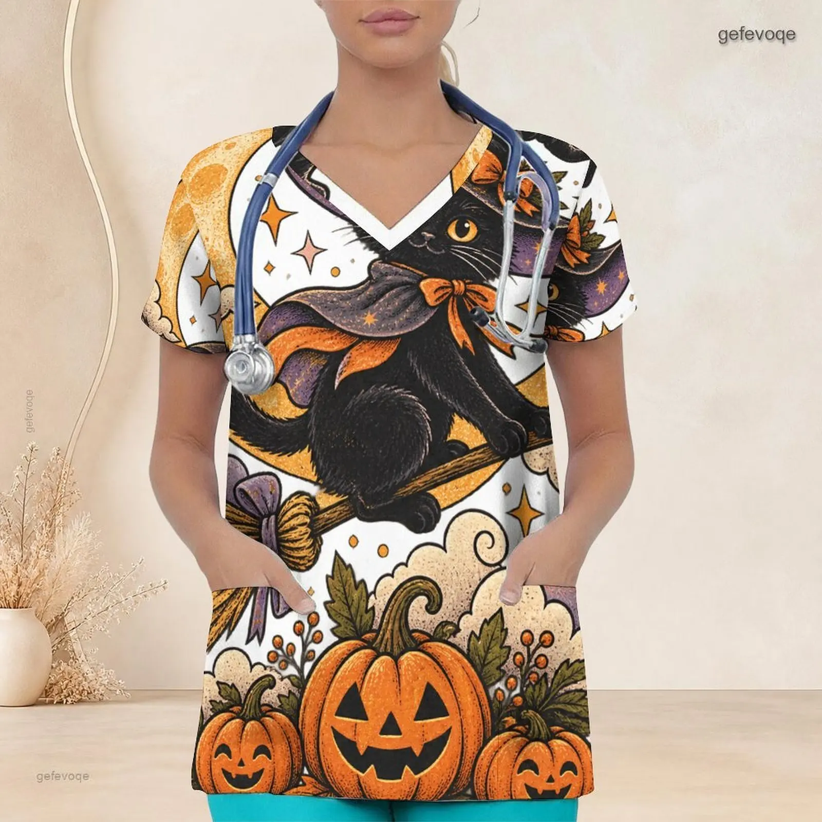 Women V Neck Short Sleeve Printed Scrub Top, Black Witch Cat Jack-O-Lantern Halloween Pattern