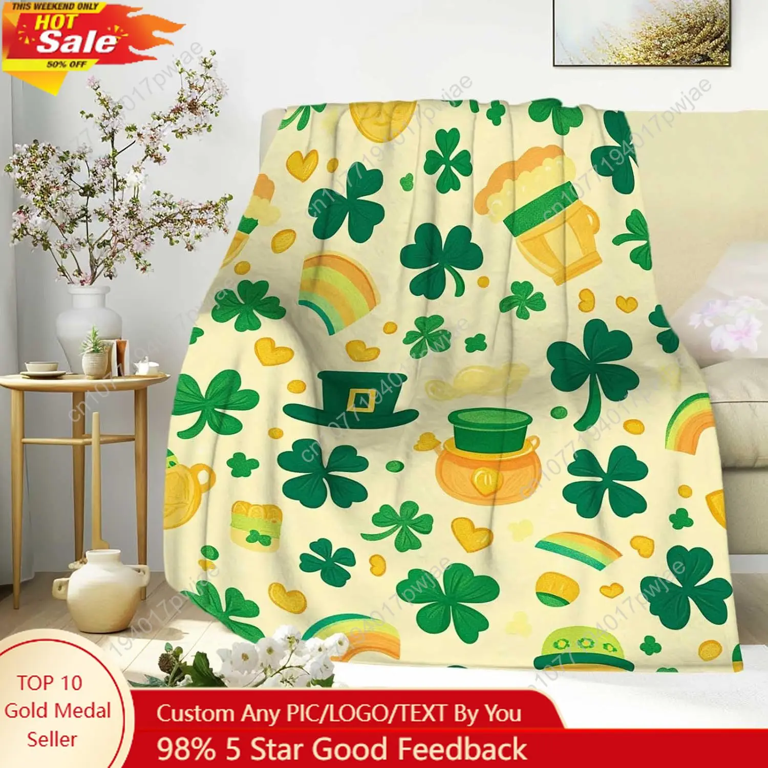 

Shamrock Pattern Blanket for St Patrick's Day Festive Green Throw with Colorful Accents Perfect for Living Rooms Custom blankets