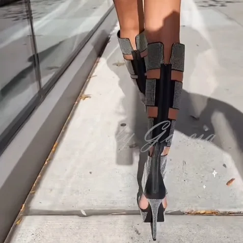المرأة منصة عالية الكعب الصنادل الكريستال المفتوحة تو كعب ستيليتو الجوف قطع فاسق نمط الجانب سستة حجر الراين حذاء برقبة للركبة #4