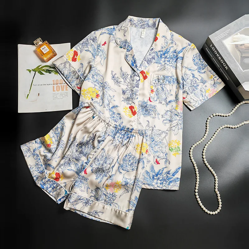 Vêtements de détente en satin pour femmes, pyjamas College, ensemble de sommeil 2 pièces avec short, vêtements de nuit à revers, chemise de nuit