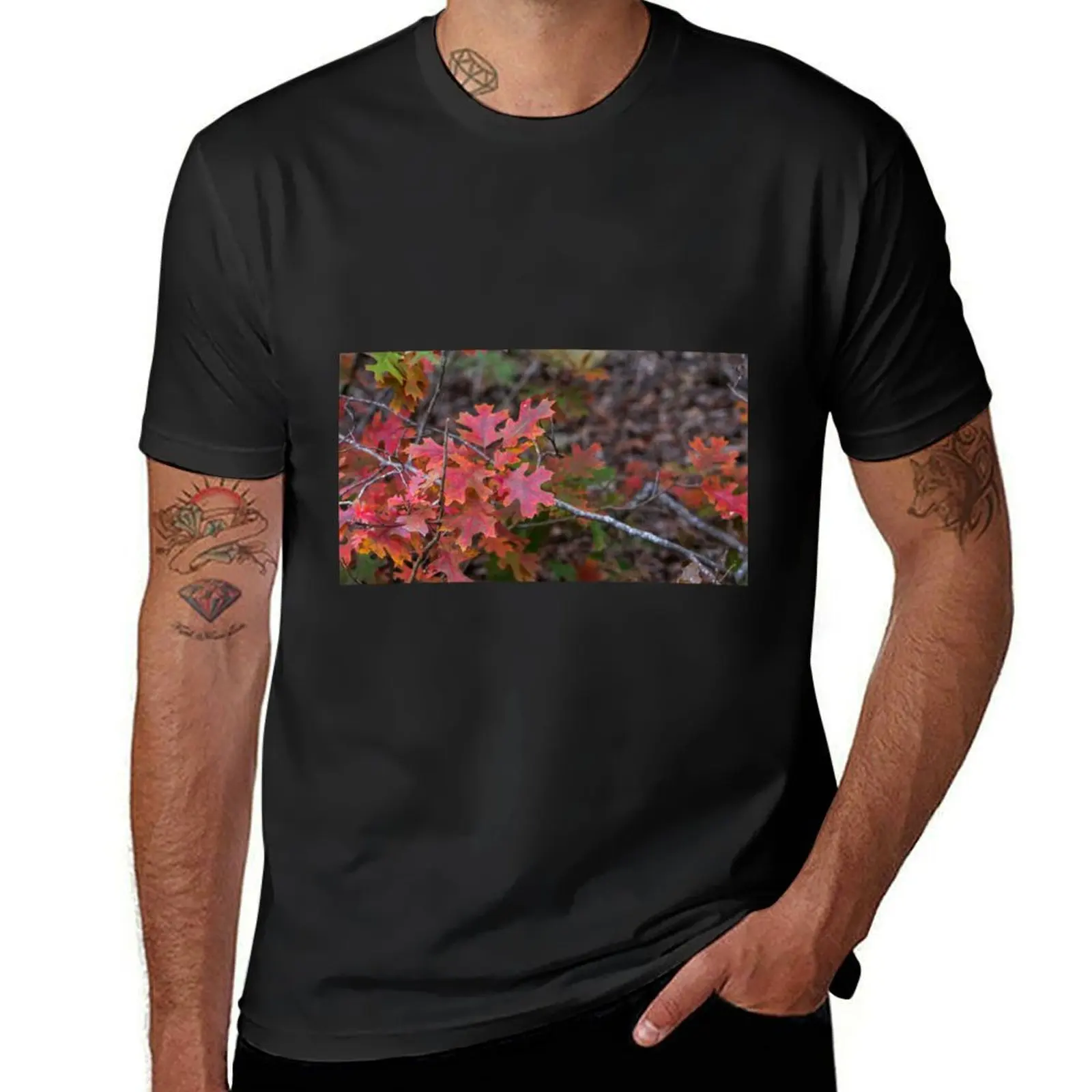 Vibrant red, orange, green colored fall oak leaves on tree T-shirt summer tops tops Men's t-shirts