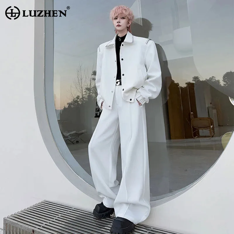 

LUZHEN 2026 Spring New Stylish Two-piece Sets Embroidery Collar Shoulder Pad Jacket Men's Handsome Straight Casual Pants JY5406