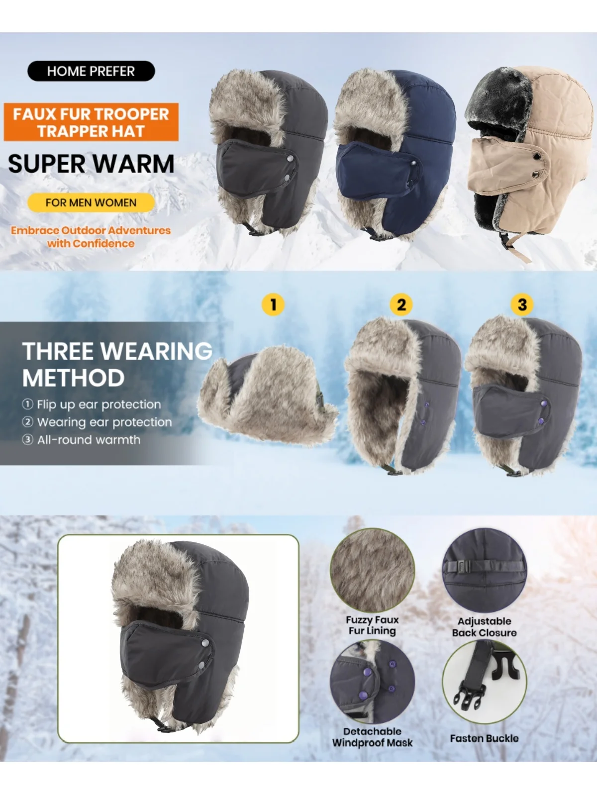 Chapéu Ushanka de Inverno para Homens e Mulheres com Protetor de Orelhas e Máscara à Prova de Vento
