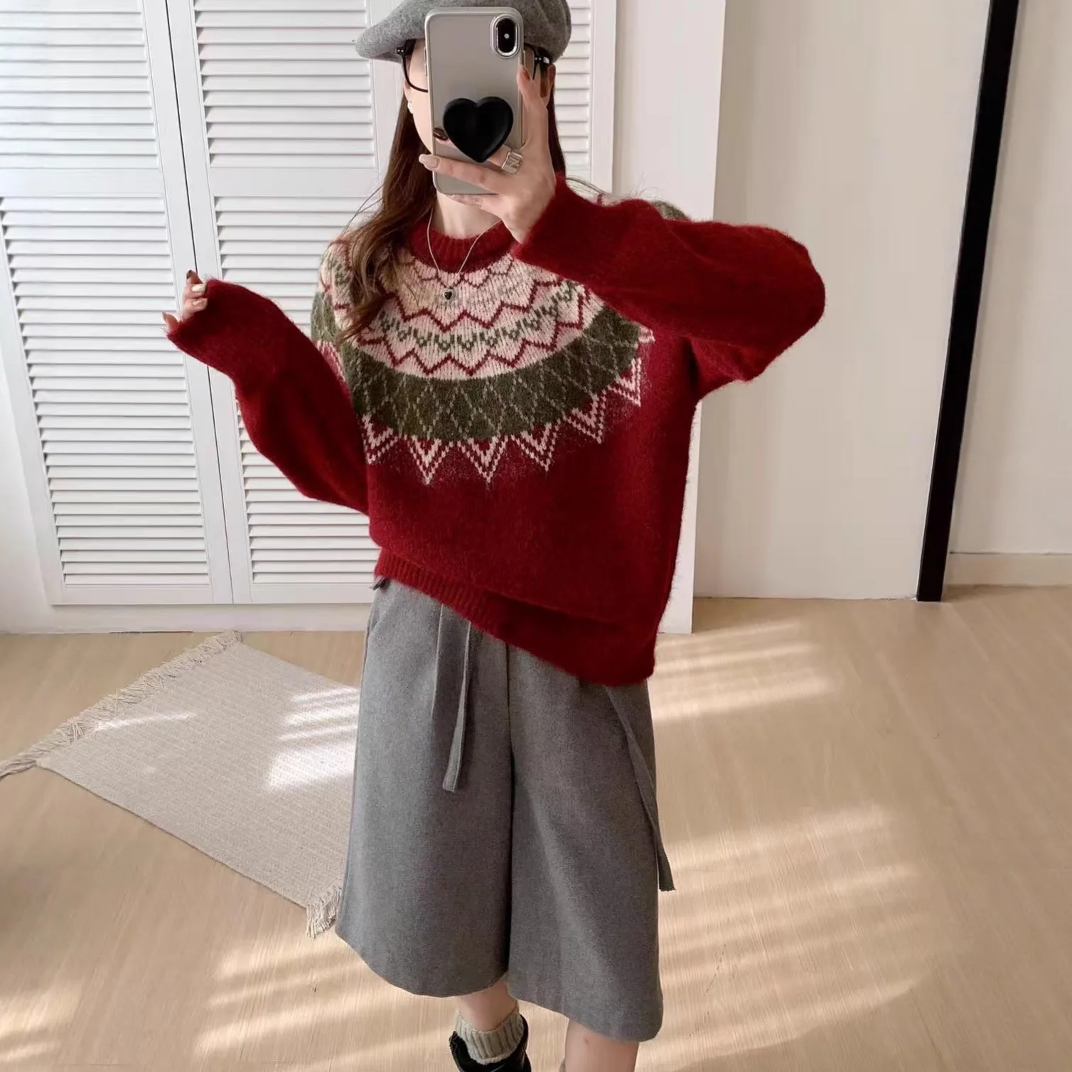 

Fel Island Jacquard Knitted Pullovers for Women Autumn Winter Loose Thicken Sweater Long Sleeve Jumpers Sweet Red Sweaters