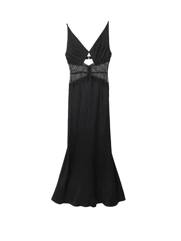 Ele الدانتيل إدراج انظر قوية الجوف خارج با التخسيس مثير الساتان طويل الدكتور الخامس ني عالية الخصر فاي الذيل ثوب ملابس غير رسمية