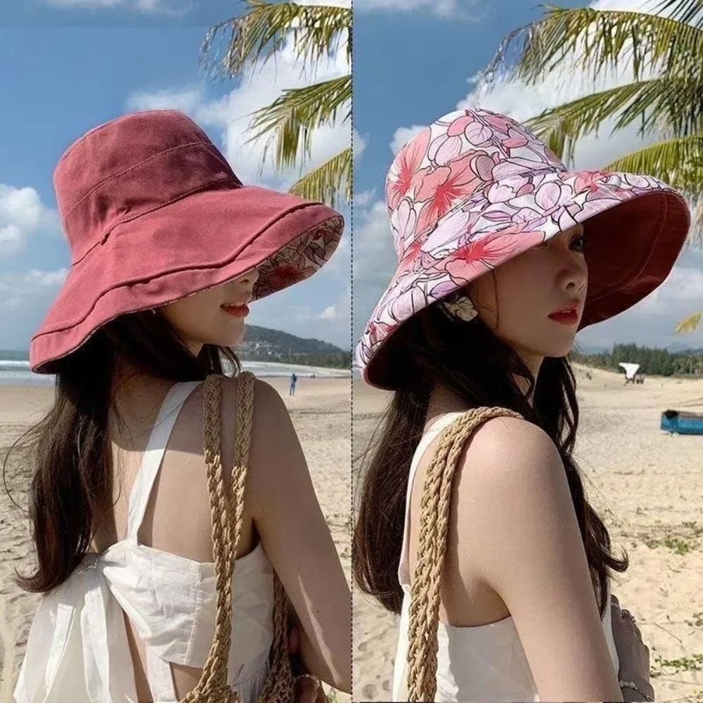 Double-Sided Women Fisherman Hat Flower Print Wide Brim Summer Sun Hat Solid Color Sun Protection Sunscreen Visor Cap Ladies