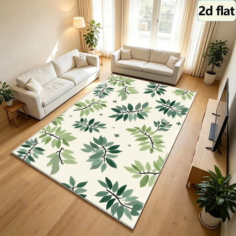 Fresh Green Leaf Botanical Print Carpet Flooring Square Area Rug Non-Slip Washable Floor Carpet for Bedroom Kitchen Home Decor