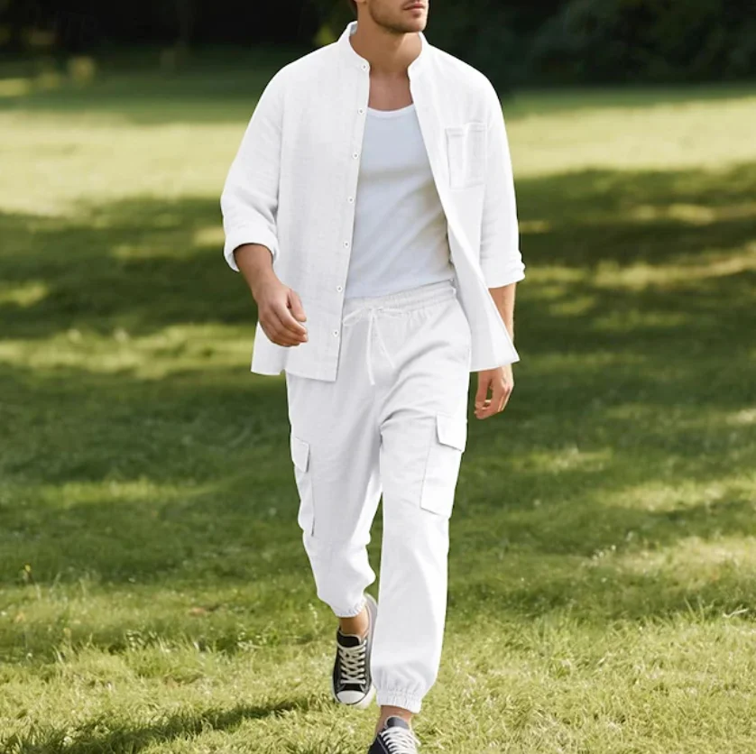 Men's Cotton Linen Summer Suit Lightweight Breathable Casual Two Piece Set Comfortable Outdoor Wear - Image 3