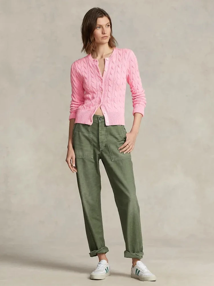 Autumn Winter New Sle Pure Color Twist Knit Sweater Cardigan White Pink Deep Blue Cotton Knitted Top Coat Women's Faion