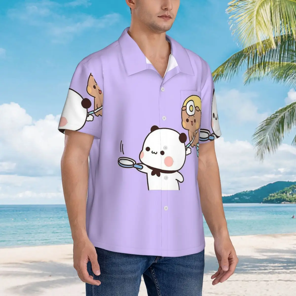 

Гавайские рубашки Panda Bear Bubu And Dudu, забавная мужская рубашка с коротким рукавом для лета, пляжные мужские топы с лацканами