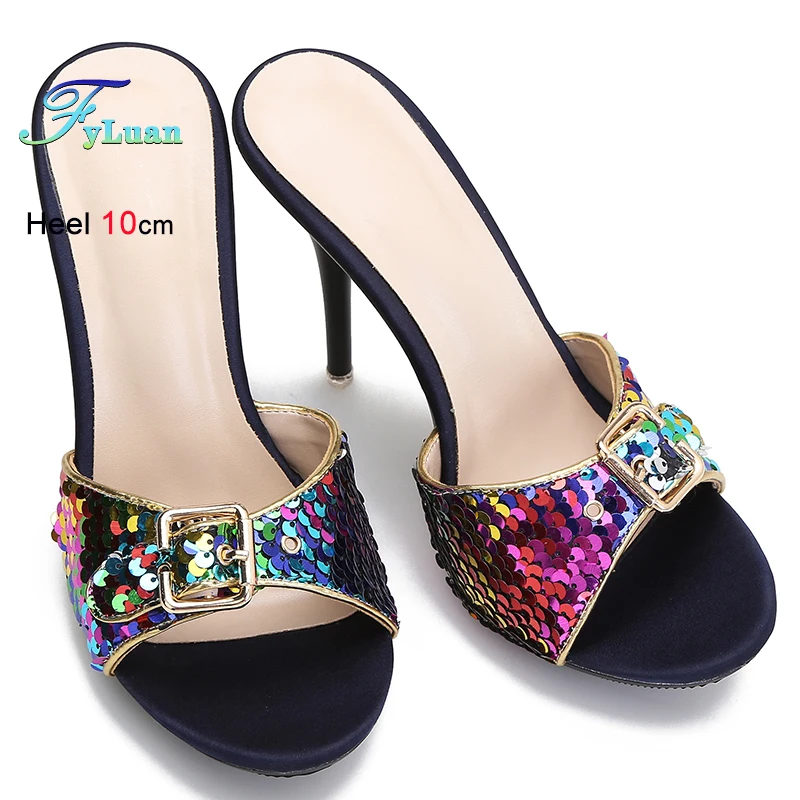 夏のスパンコール付き布製レディースハイヒールスリッパサンダル、グリッターオープントゥバックルミュール、セクシーなパーティーウェディングシューズ、ドレスサンダル
