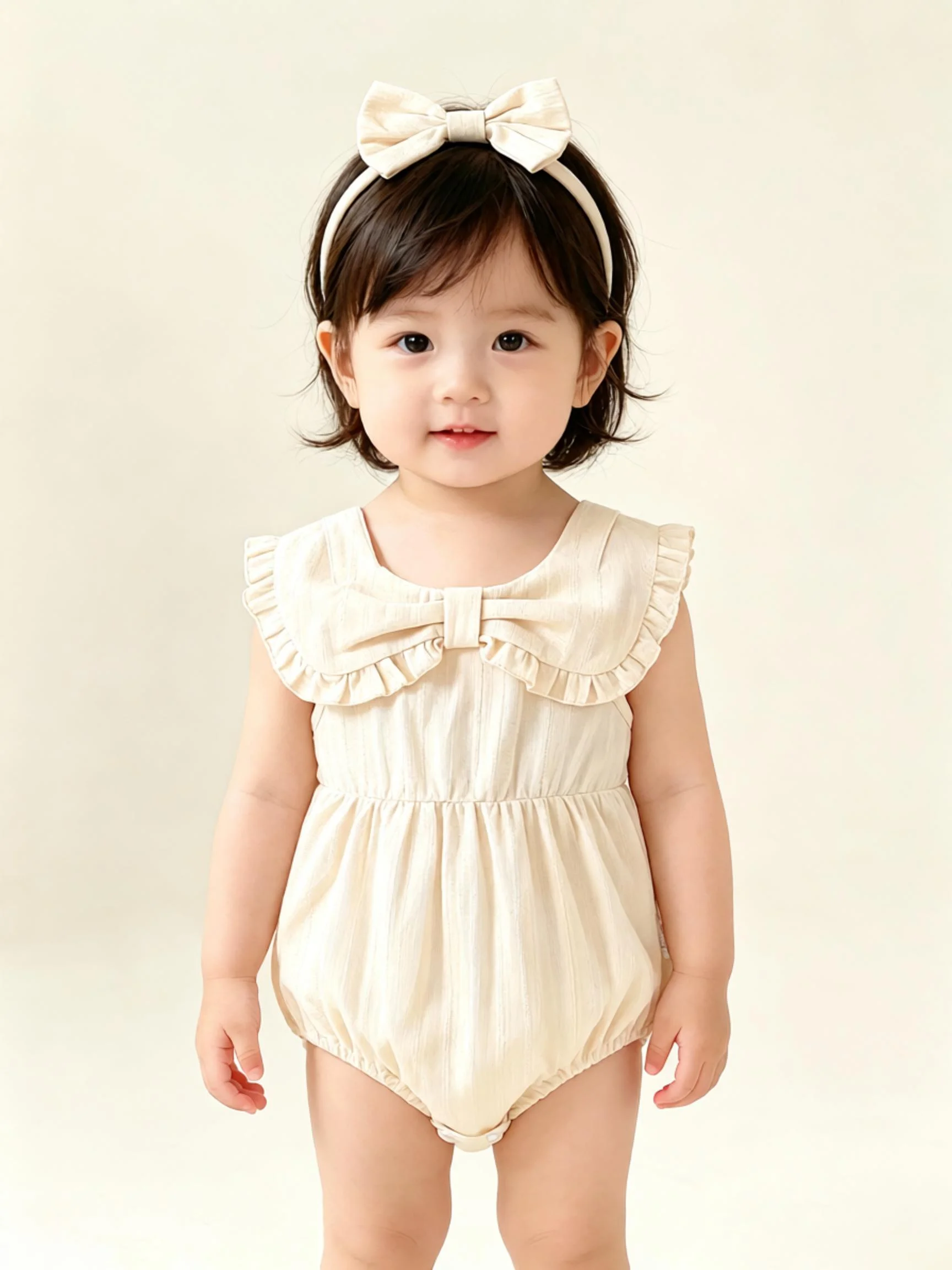 Baby Girl Summer Sleeveless Bodysuit,1‑Piece,Woven Textured Fabric,Bow Collar,Comes With Bow Hair Accessory