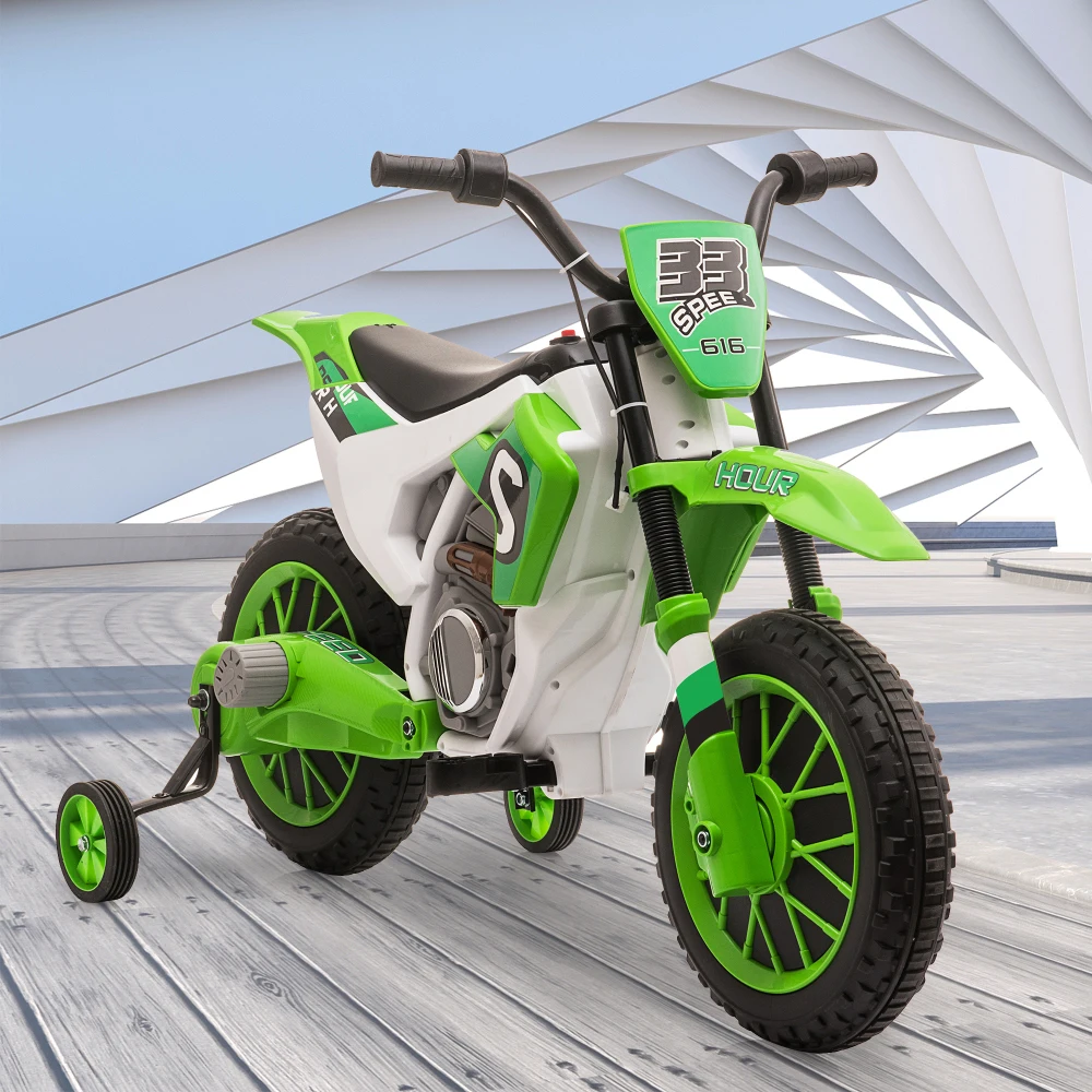 Motocicletta giocattolo per bambini 12V, bici giocattolo con motore elettrico con ruote da allenamento per bambini 3-6, verde