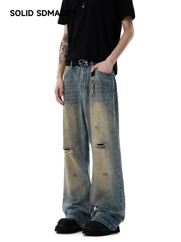 SDMADE American Retro Hole Denim Jeans Men's Trendy Loose Straight Leg Micro Flared Pants Youth Popular Long Pants Jeans