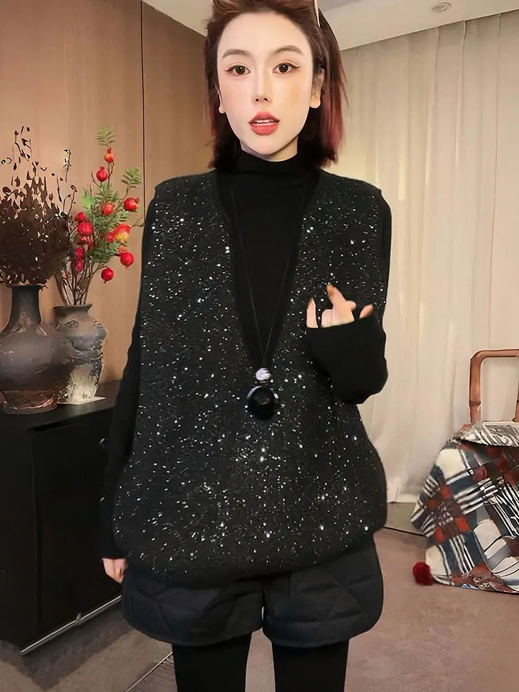 سترة محبوكة لامعة من Faionable V-Ne Svel كسول Sle oulder Bared طبقات علوية كورية علوية فضفاضة تناسب اللون #5