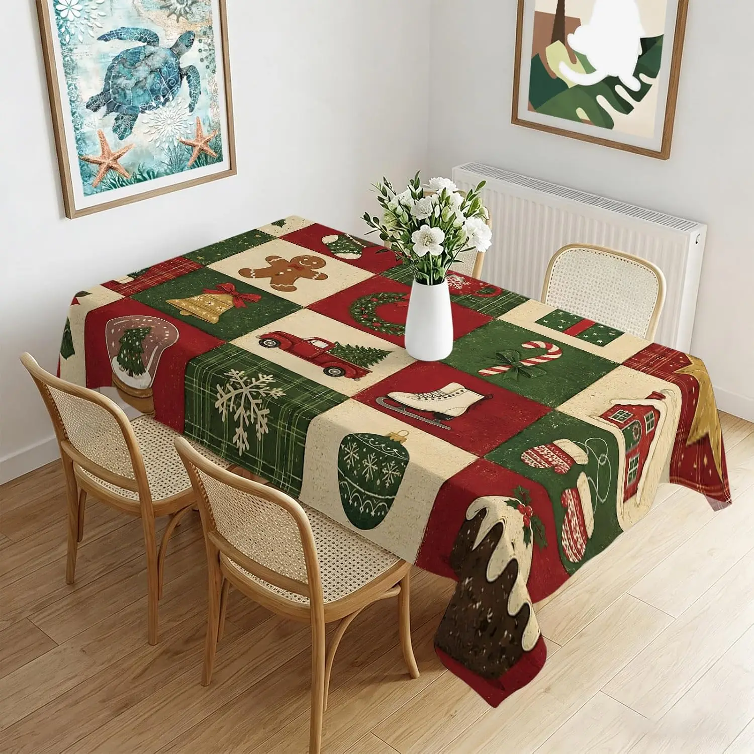 Merry Christmas Xmas Tree Ball Bells Tablecloth for Table Decor Washable Winter Kitchen Dining Tablecloth Christmas Decorations