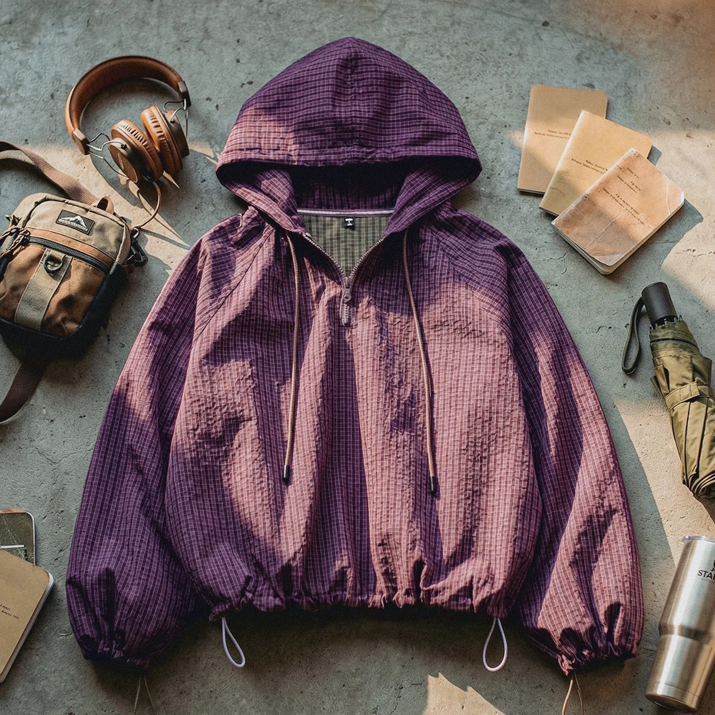 Women's Oversized Half-Zip Hoodie Pullover - Purple Plaid