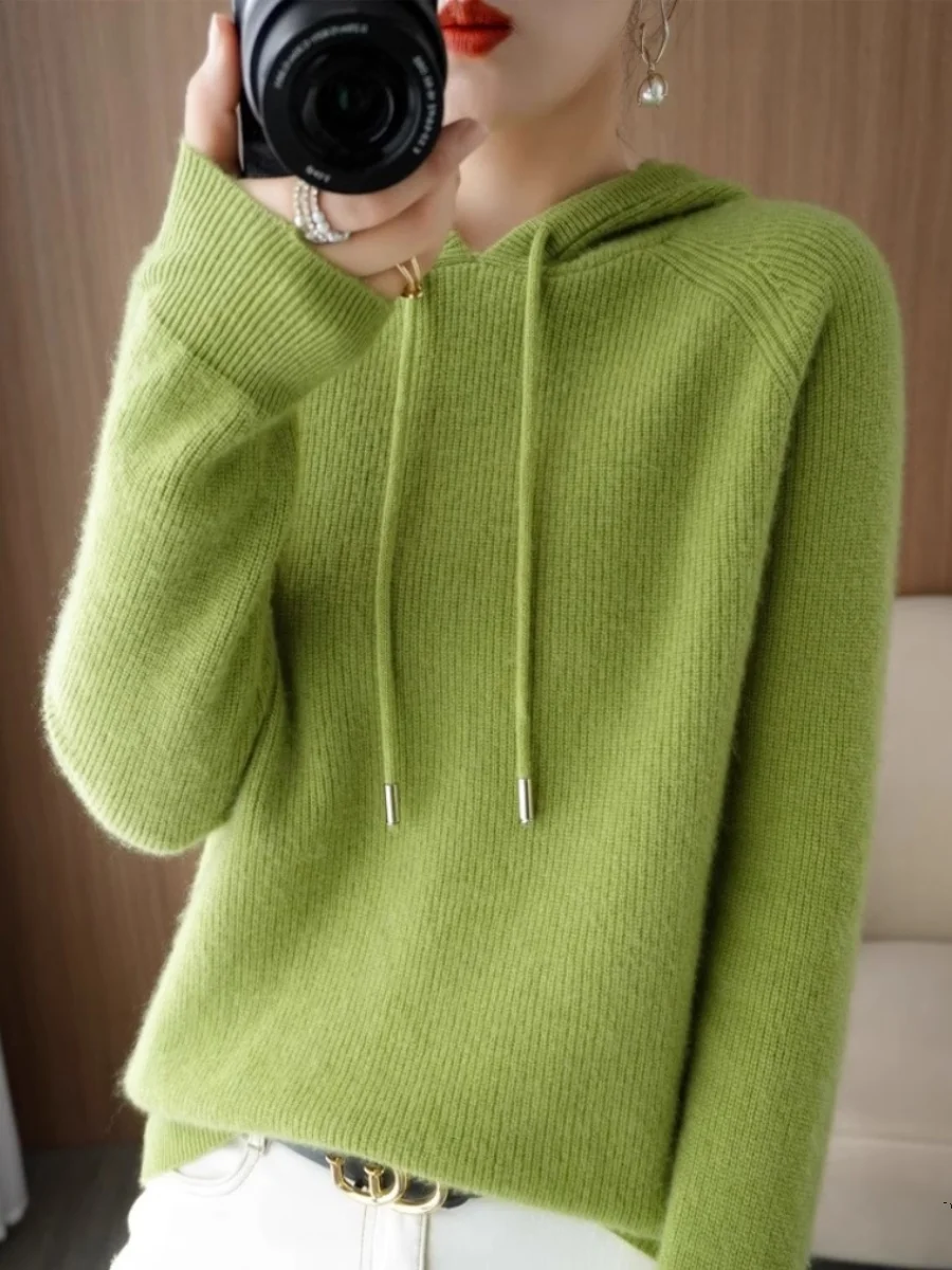 

Женский осенний свитер с капюшоном, свободный базовый слой, цветной шерстяной трикотаж, удобный длинный свитер для повседневной носки