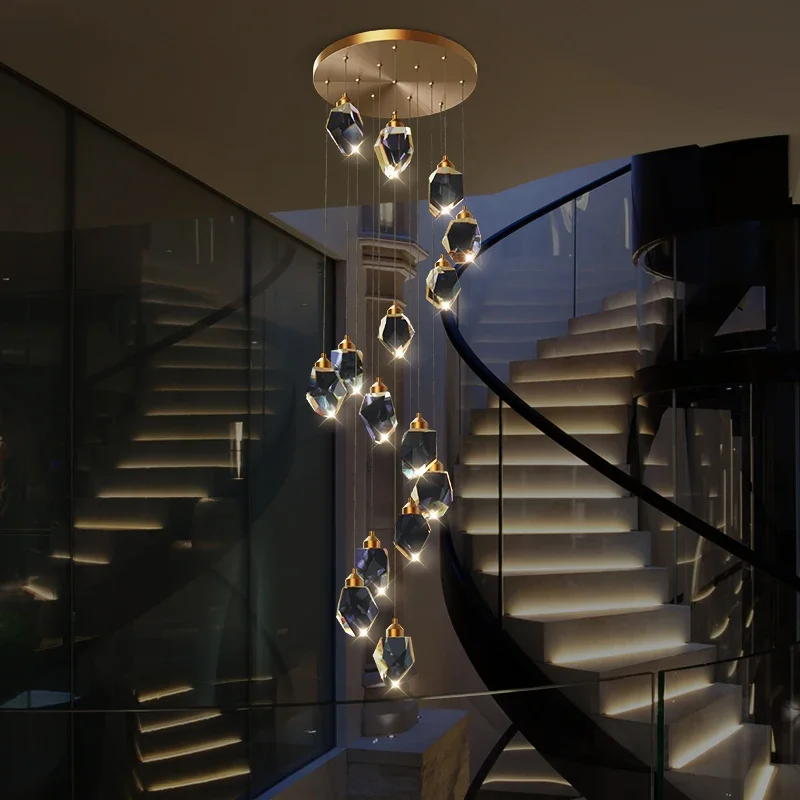 Duplex Building Large All Copper Crystal Staircase Pendant Lamp Long Diamond Villa Attic Chandelier Cantilever Room Home Decor