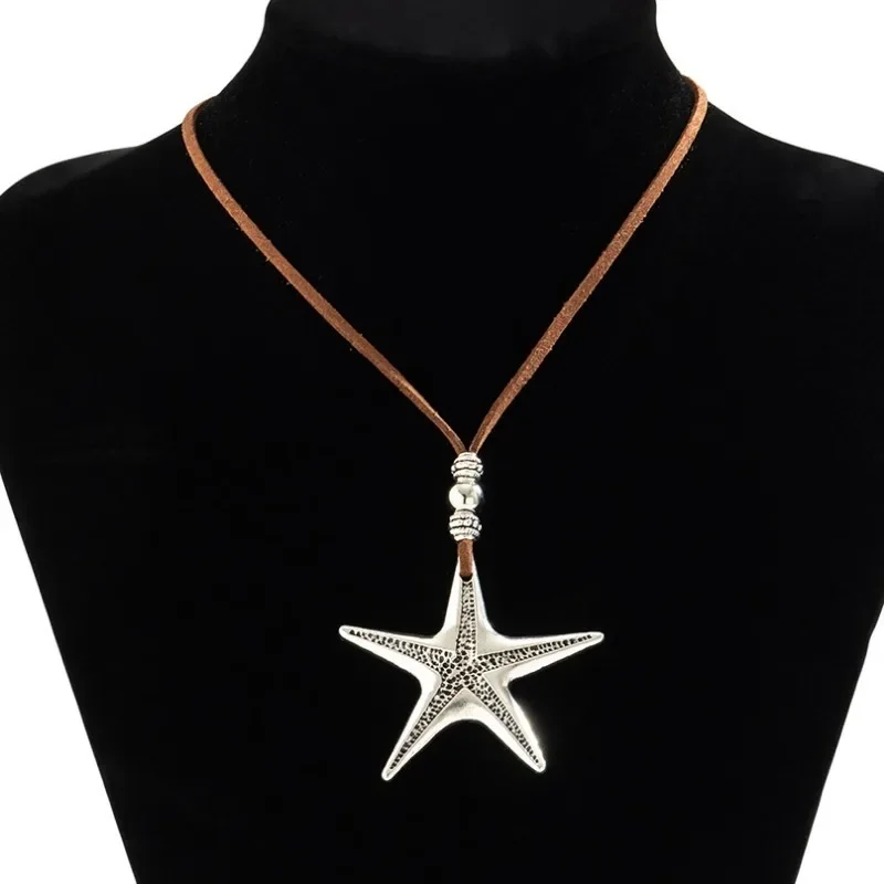 Beach Vacation Exaggerated Starfish Silver Color Metal Pendant Necklaces for Women Trendy Retro Leather Cord Creative Jewelry