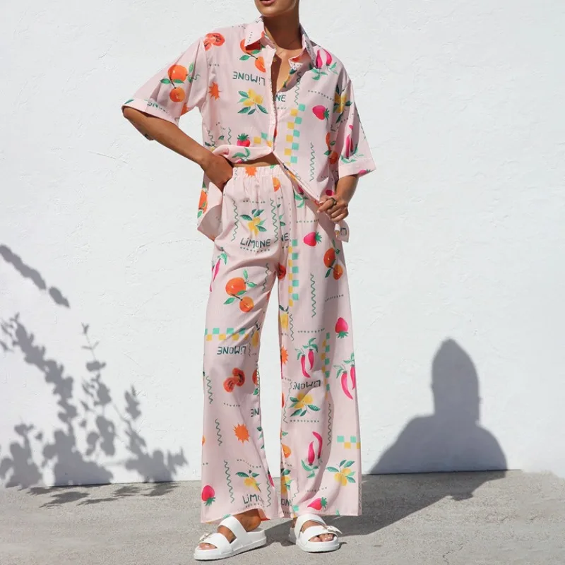 

Elegant Women Two Piece Pants Set New Half Sleeve Fruit Print Shirt Top Wide Leg Trousers Set Loose Tracksuit Vacation Outfits