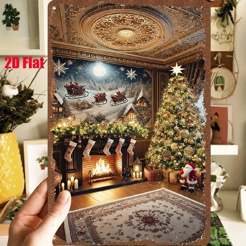 2D Flat, 1pc 2D [Flat] Metal Sign, Vintage Tin Painting, 8x12 Inches / 20x30cm, Depicting a Cozy Christmas Eve Scene with Stocki