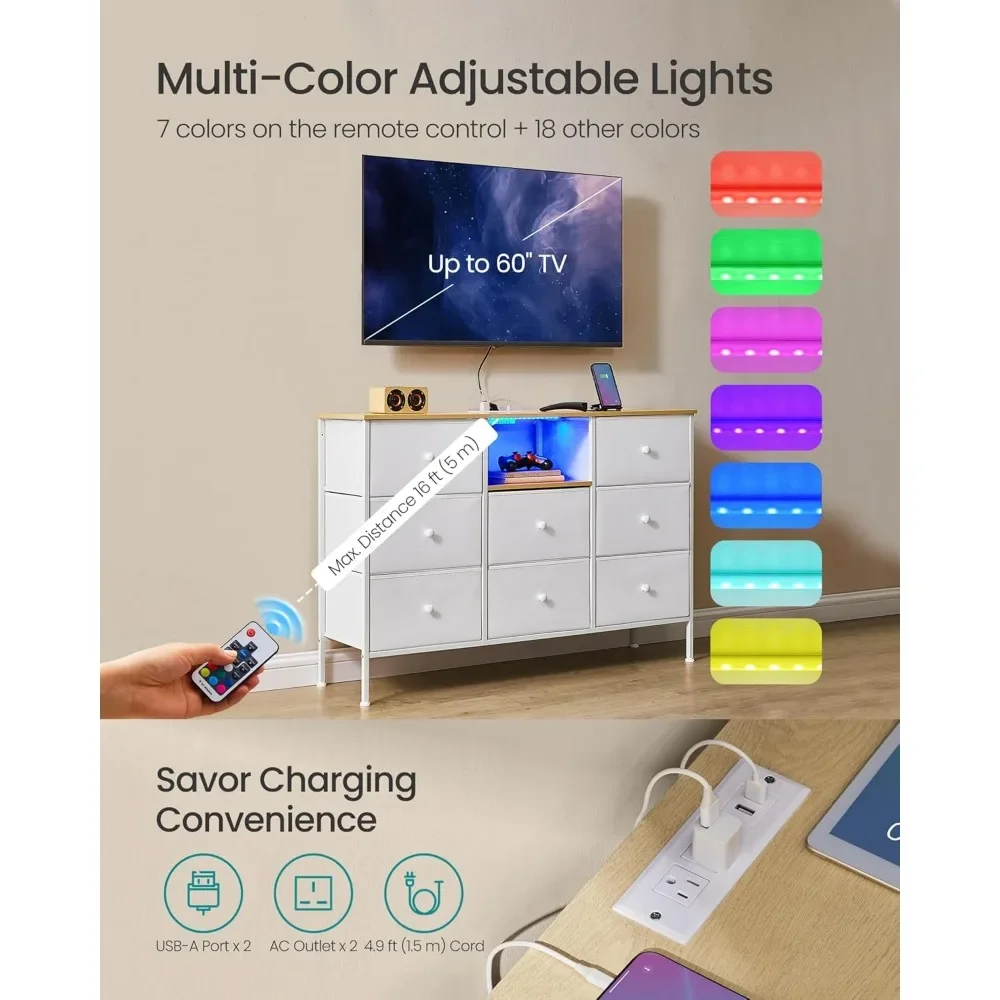 Cômoda para quarto, cômoda de tecido com tomadas de energia e luzes LED, suporte de TV para TVs de até 60 polegadas, 25 cores, 11,8x47,2x31,3 polegadas
