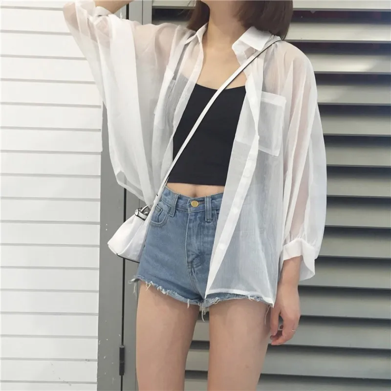 Womens Summer V Neck Cover Up Long Sleeve Button Down Shirts Sun Protection Blouse